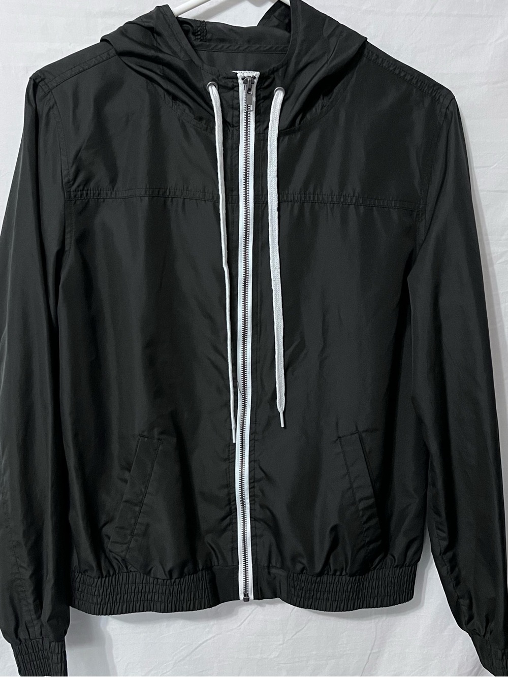 Women Zine Clothing Black Windbreaker with White Zip and Drawcords